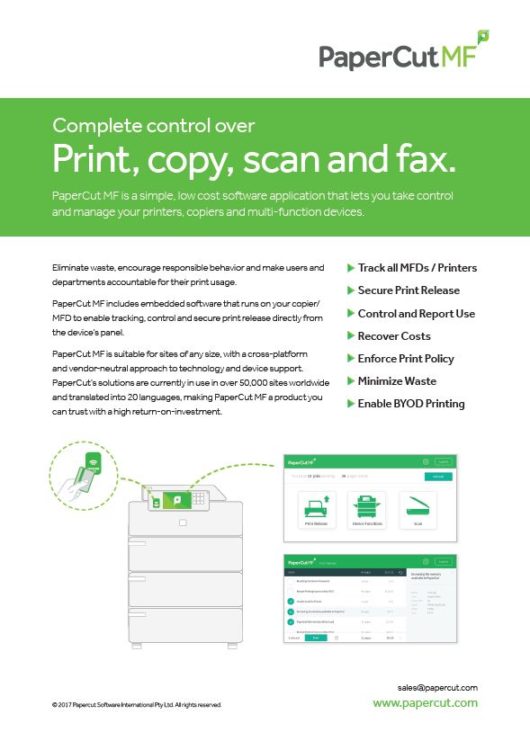 Fact Sheet Cover, Papercut MF, Document Solutions, Xerox, Dealer, Reseller, Arroyo Grande, CA, HP, Epson